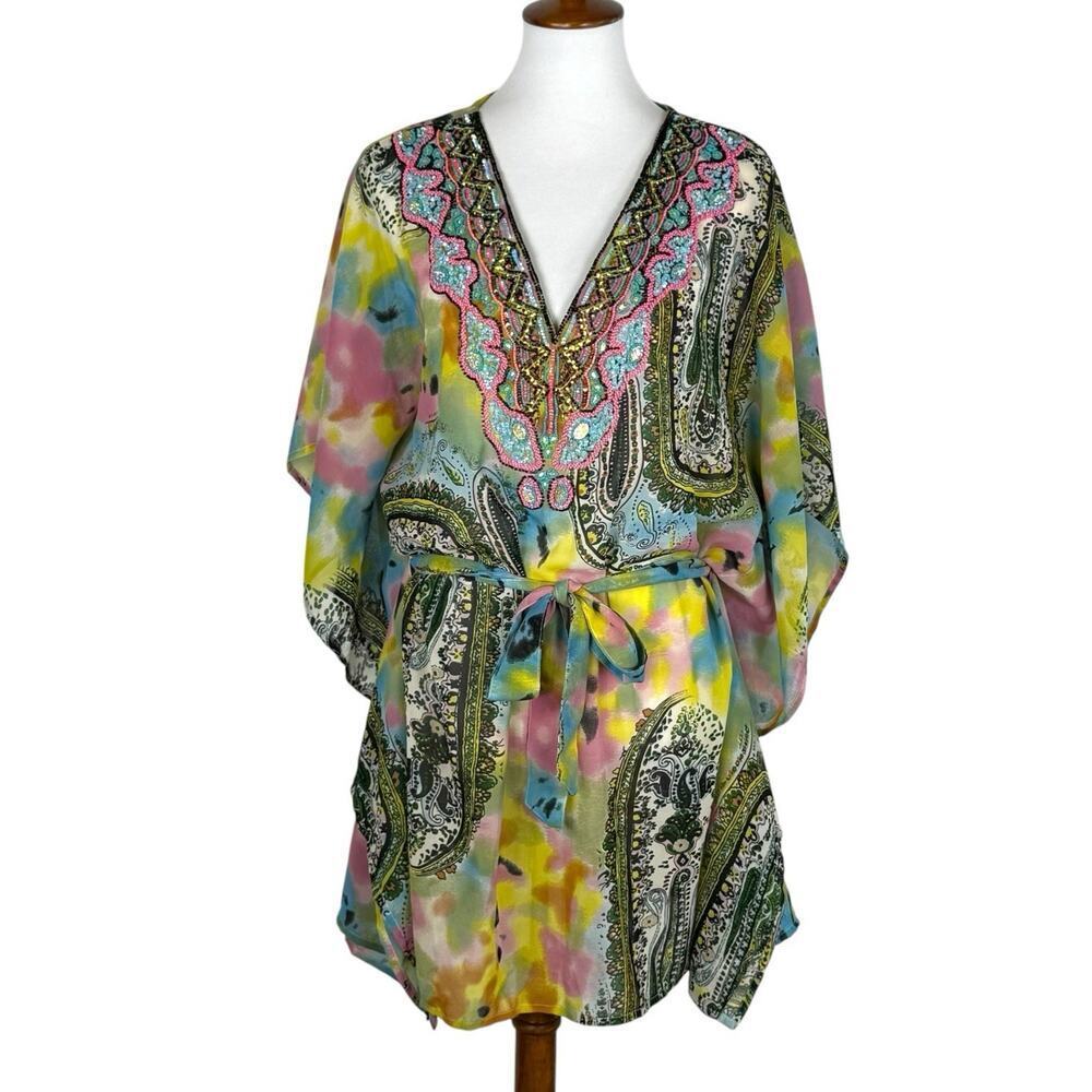 Lucky & Coco Kimono Sleeve V-Neck Cover Up Kaftan Dress Green/Yellow Women's L